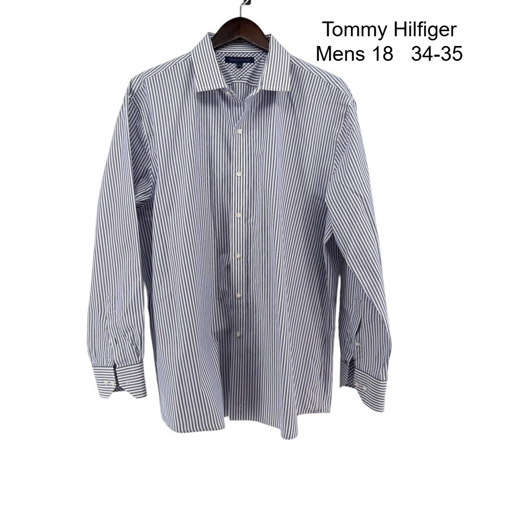 Tommy Hilfiger Mens 18 34-35 Striped Button Down Shirt Blue White Long‎ Sleeve